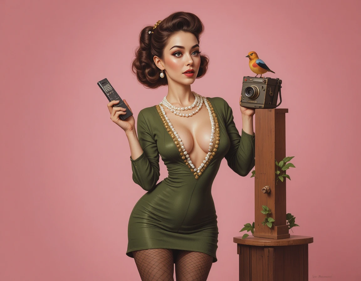 俏皮復古相機場景中的懷舊 Pin-up 女郎