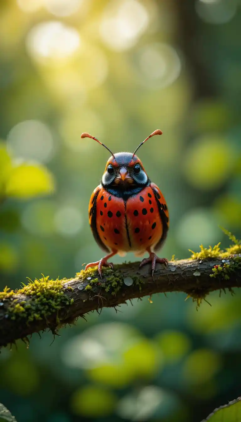 Tiny red bird with ladybug markings on mossy branch