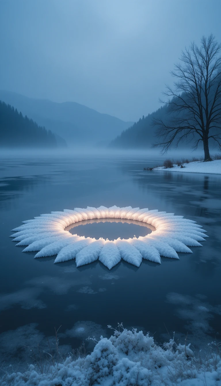 Lago congelado con anillo de nieve brillante bajo una suave luz azul