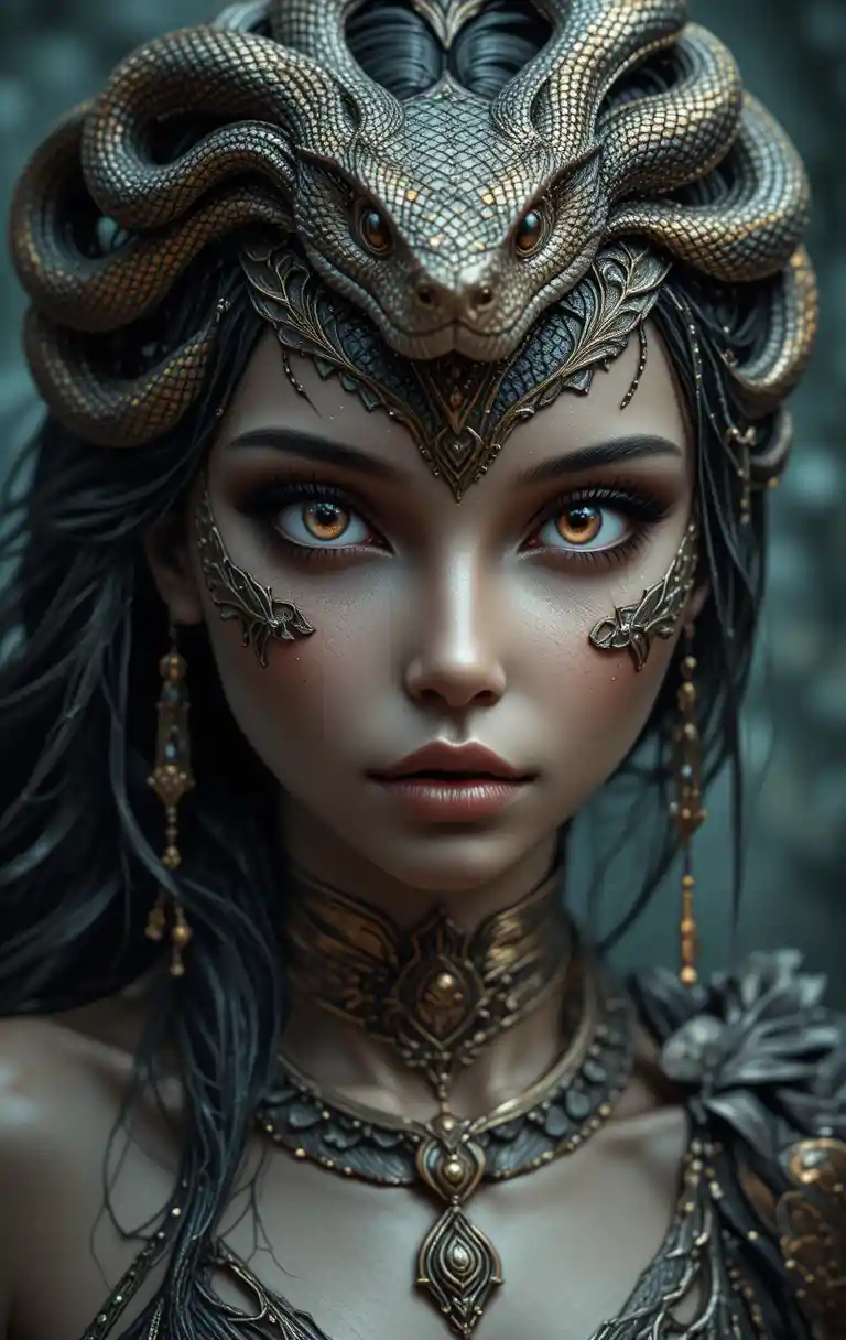Fantasy-Porträt einer Schlangenpriesterin mit goldener Reptilienmaske