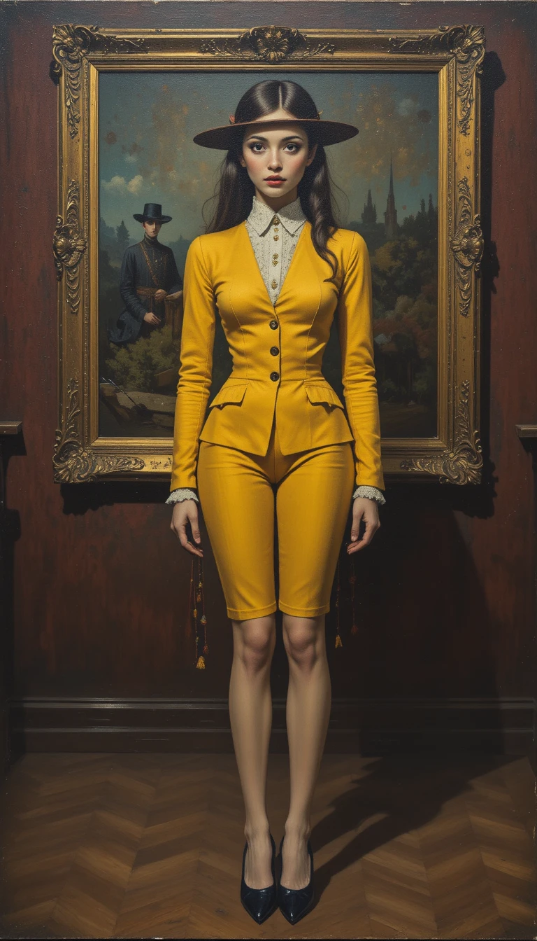 Fashionable absurdist girl in yellow on vintage canvas