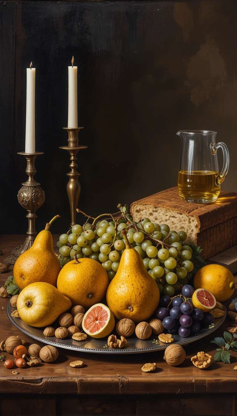 Natura morta olandese con frutta, pane e bicchiere su tavolo di legno