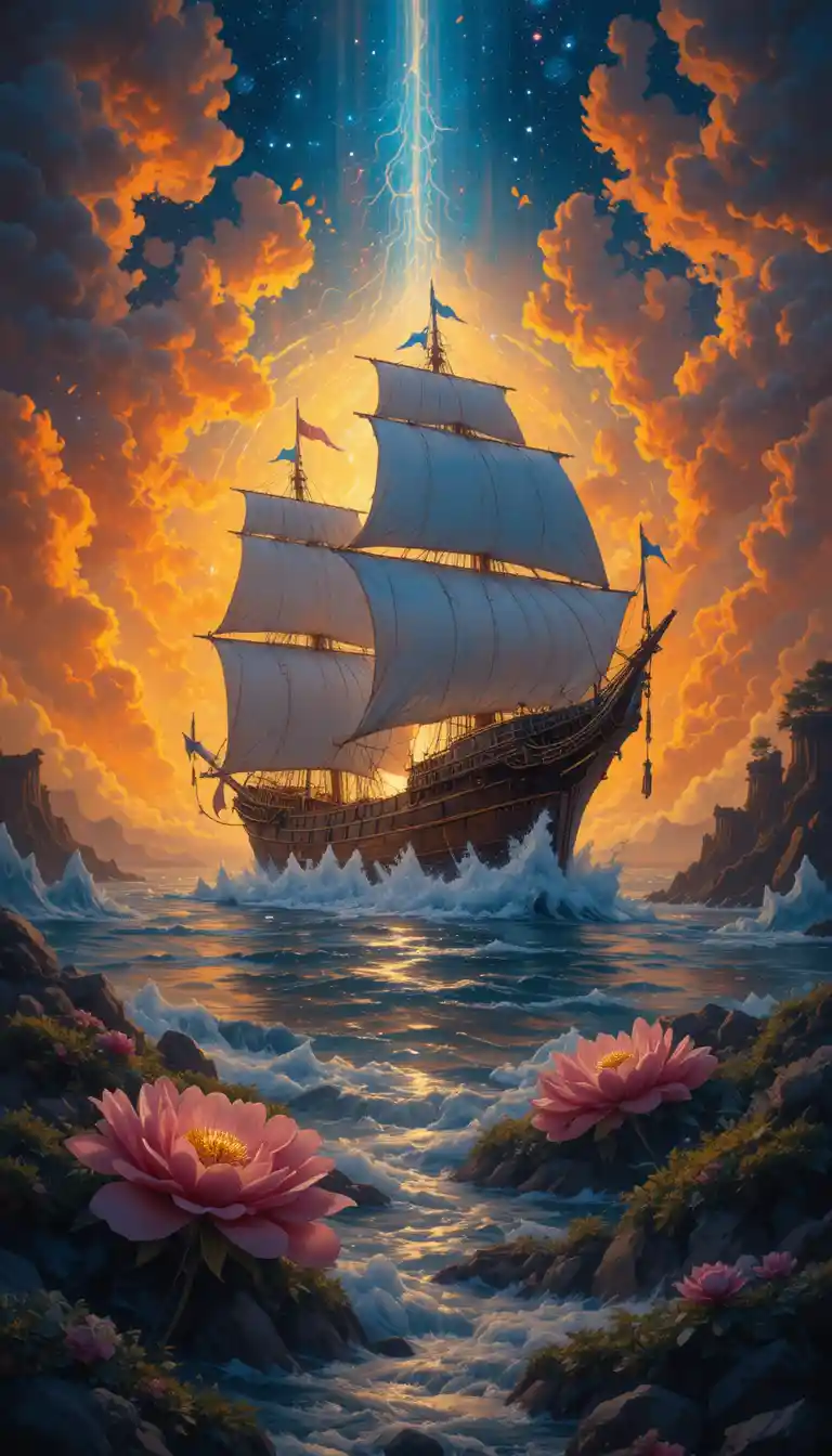 Antiguos barcos navegan por un mar de fantasía oscura al atardecer