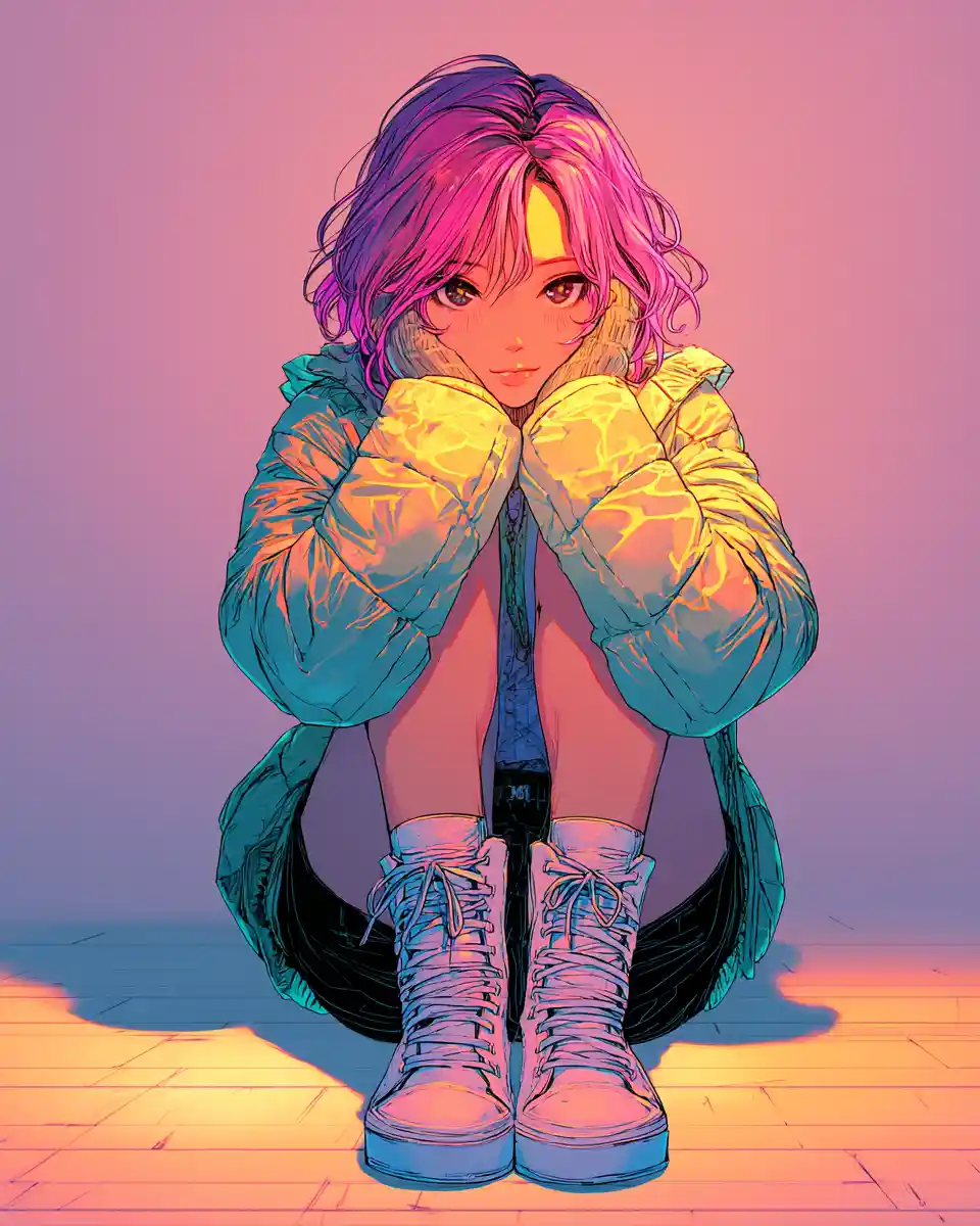Cute anime girl in winter fashion sitting on floor