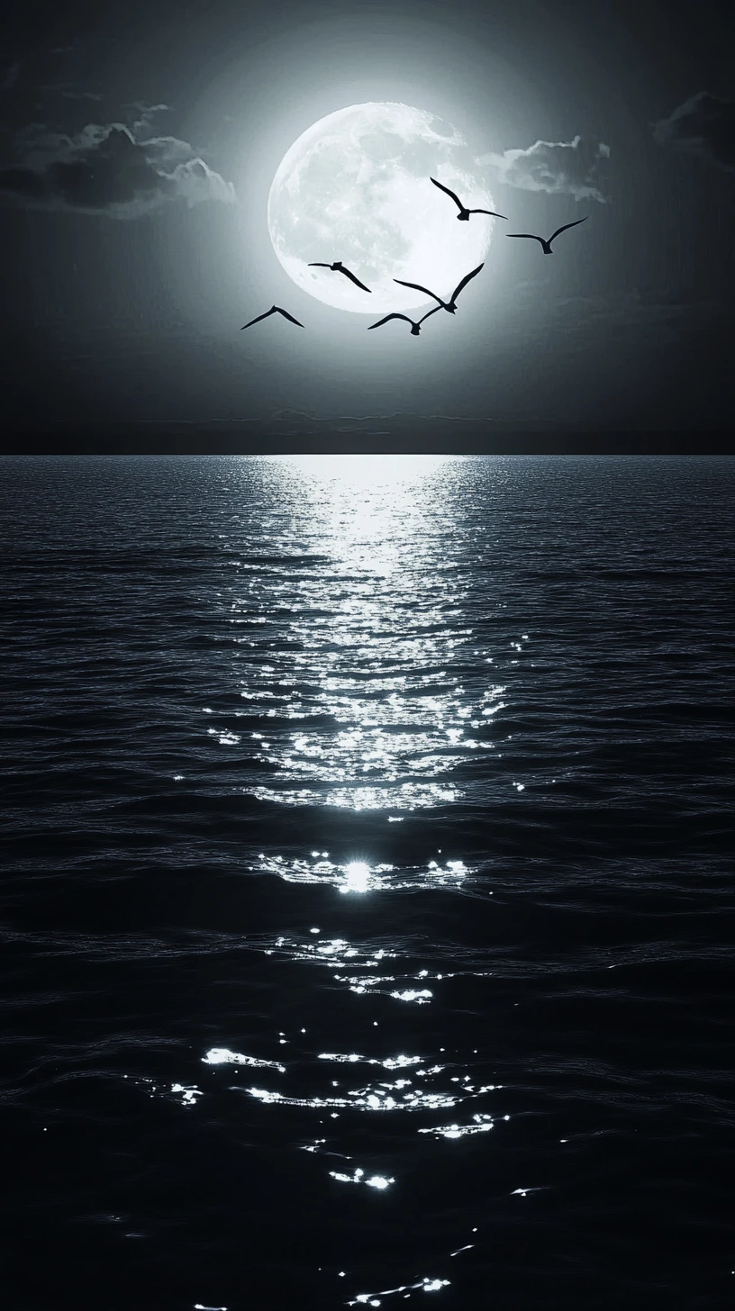 Navi su un mare lontano sotto una pallida luna nascente