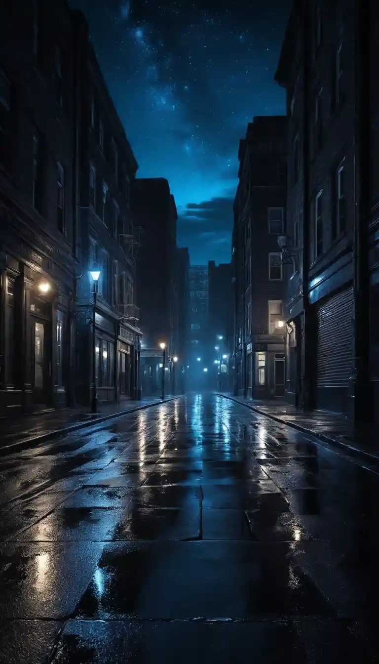 Mystical city street glowing softly in the night