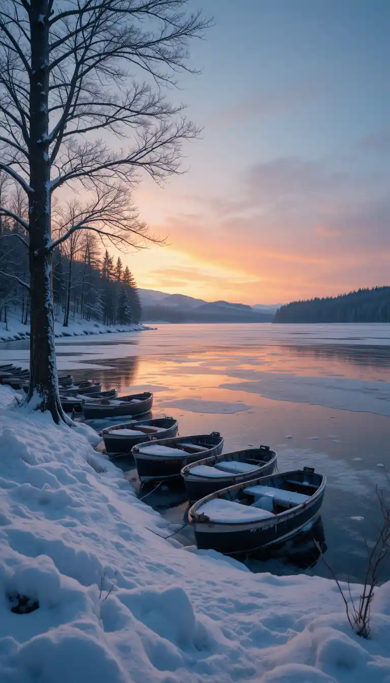 Lago invernal tranquilo con botes al atardecer en tonos pastel