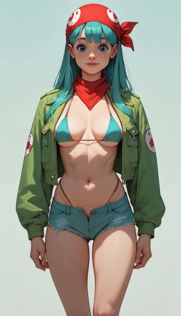 Anime woman in rainbow jacket and miniskirt on a bright day