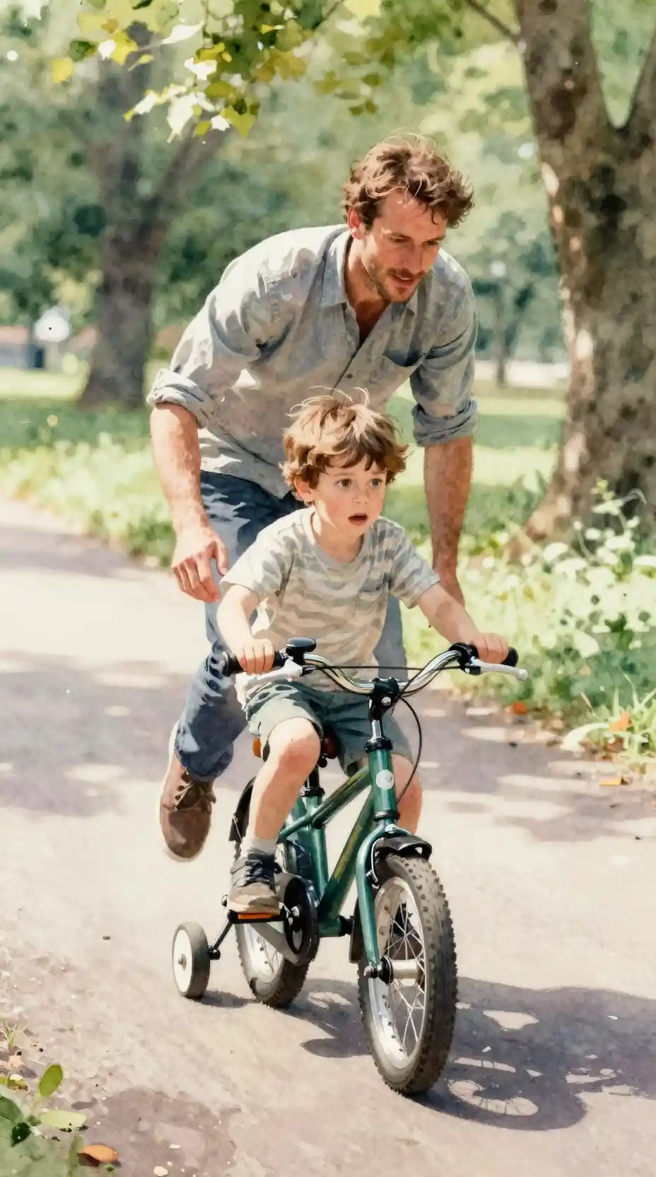 Aquarell: Vater begleitet Sohn auf dem Fahrrad entlang eines Parkwegs