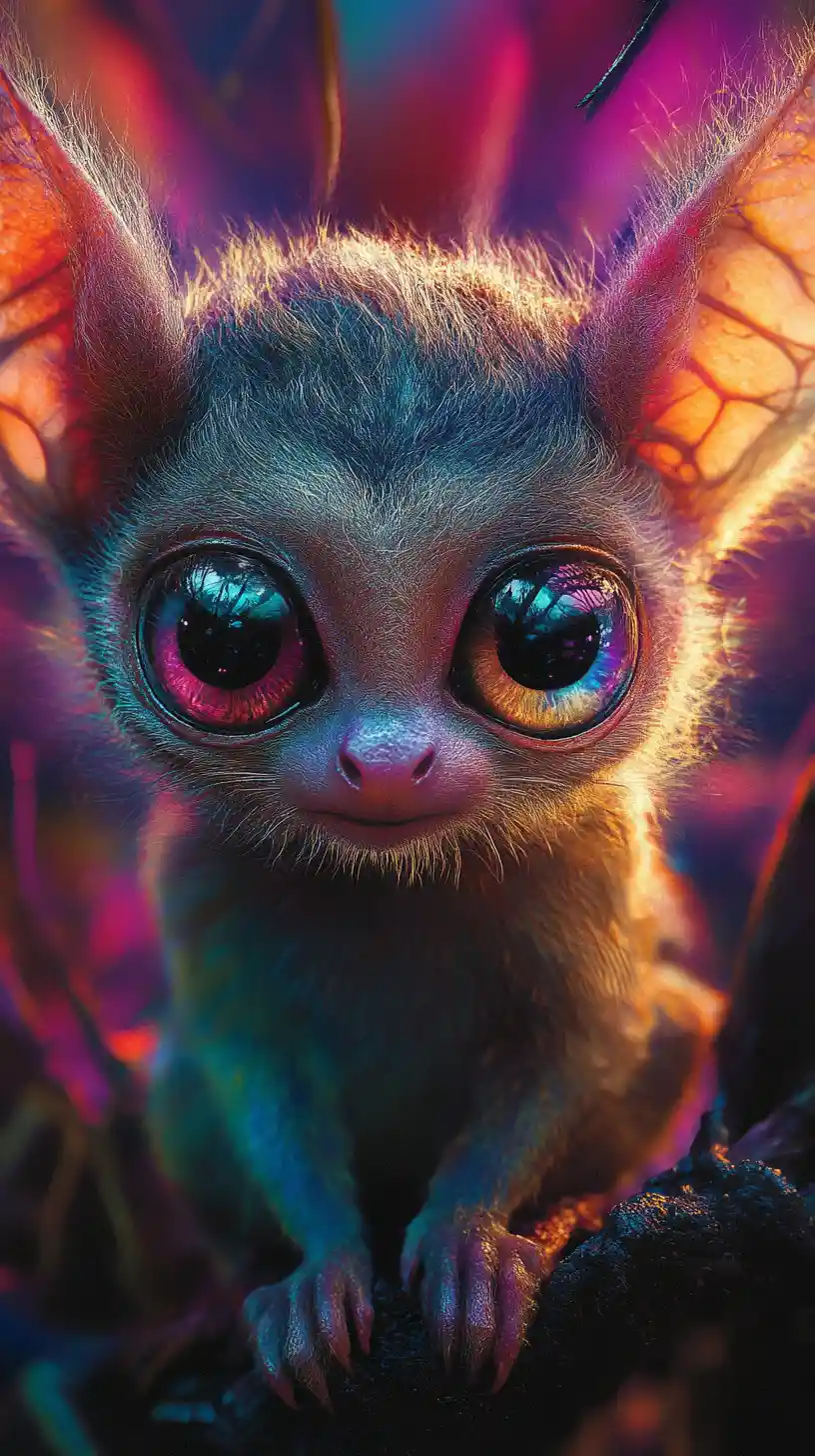 Baby animal with shimmering gradient eyes in surreal art