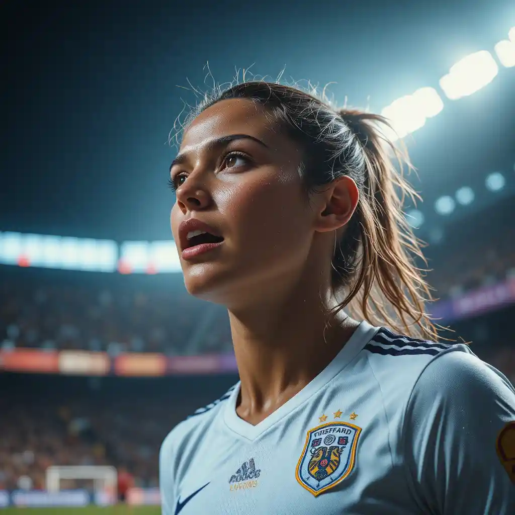 Triumphant Woman Footballer Celebrating In Stadium Close Up