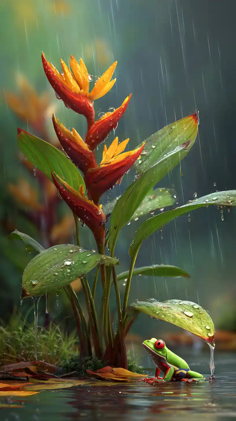 Close up rainforest frog beside bird of paradise plant