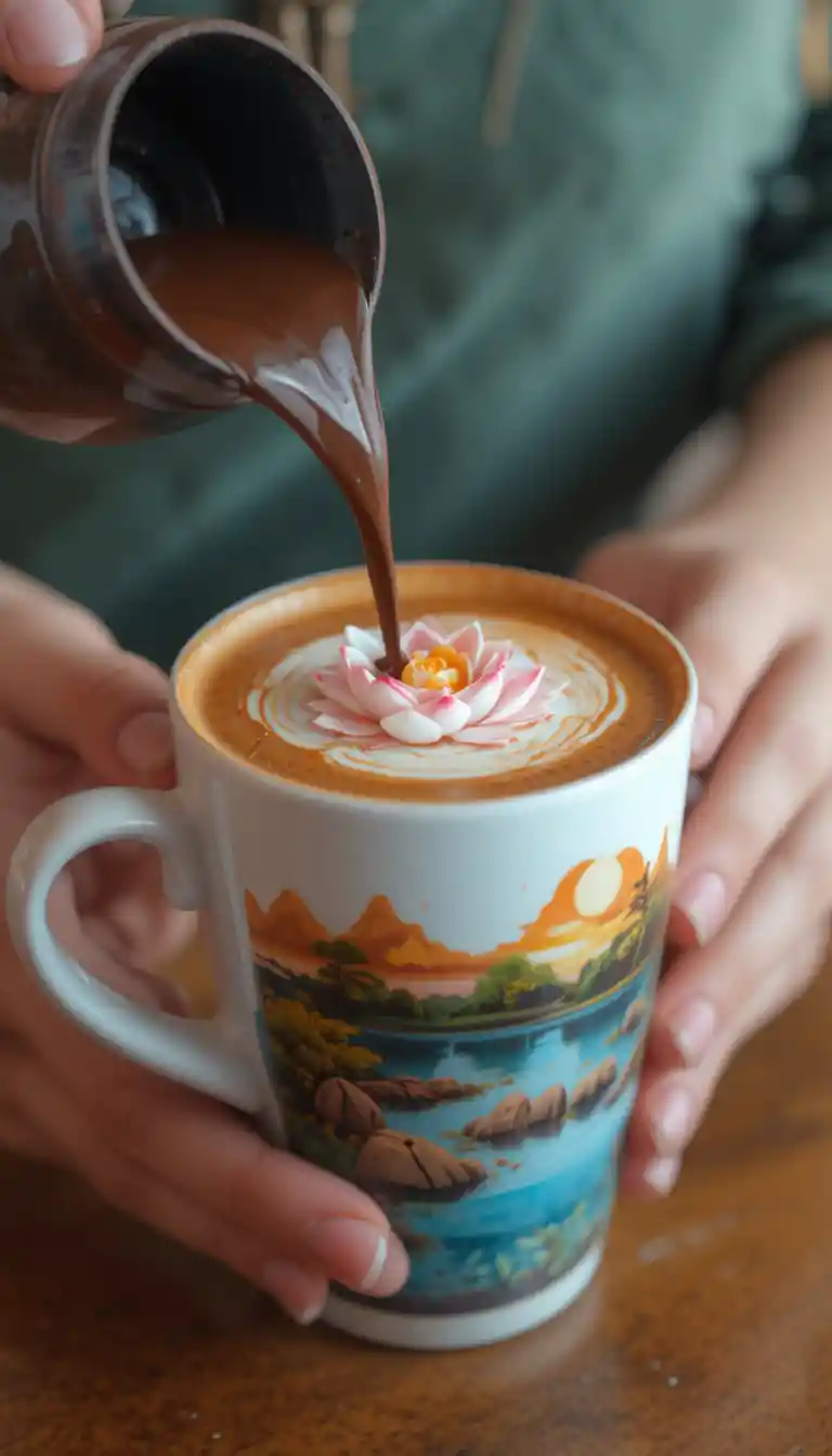 Mano Vertiendo Chocolate en Taza de Latte Art con Paisaje del Amanecer