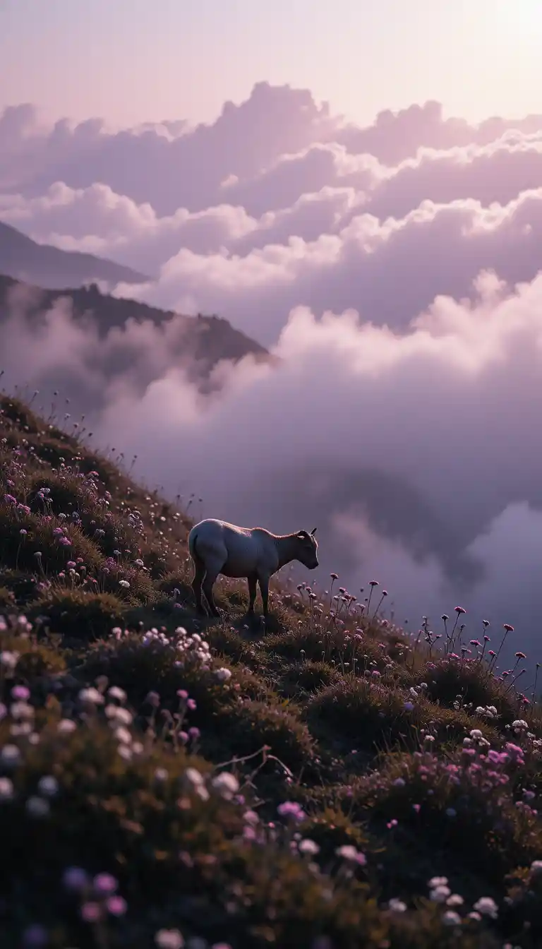Chevreau broutant sur une colline brumeuse couverte de fleurs sauvages