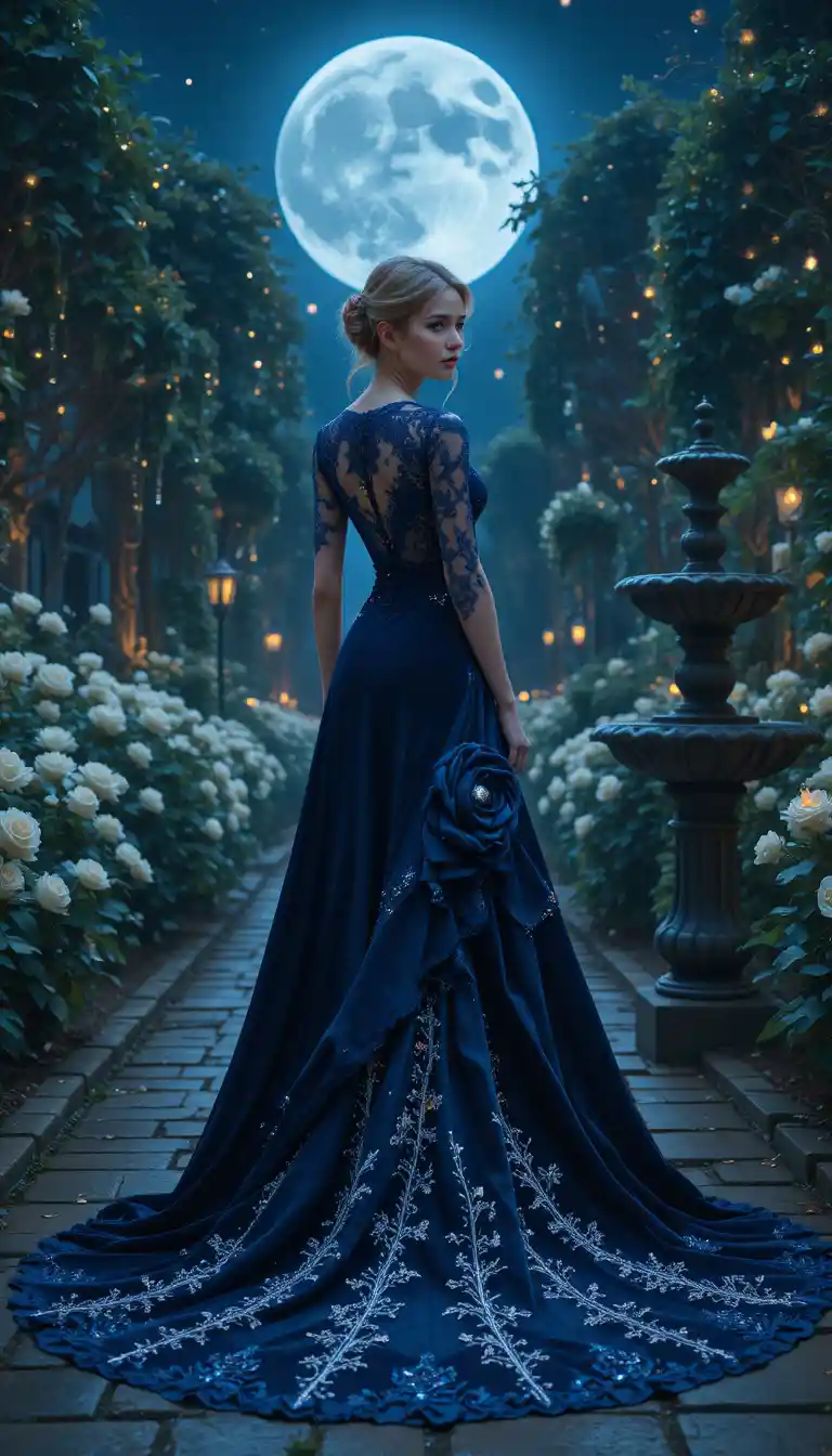 Elegant woman in moonlit gown in enchanted garden