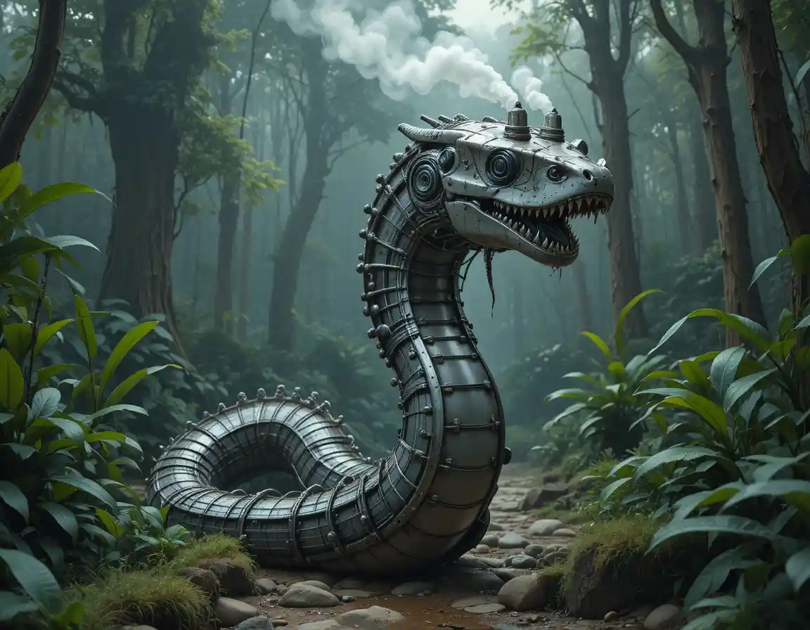 Steampunk mechanical serpent in a misty tropical forest