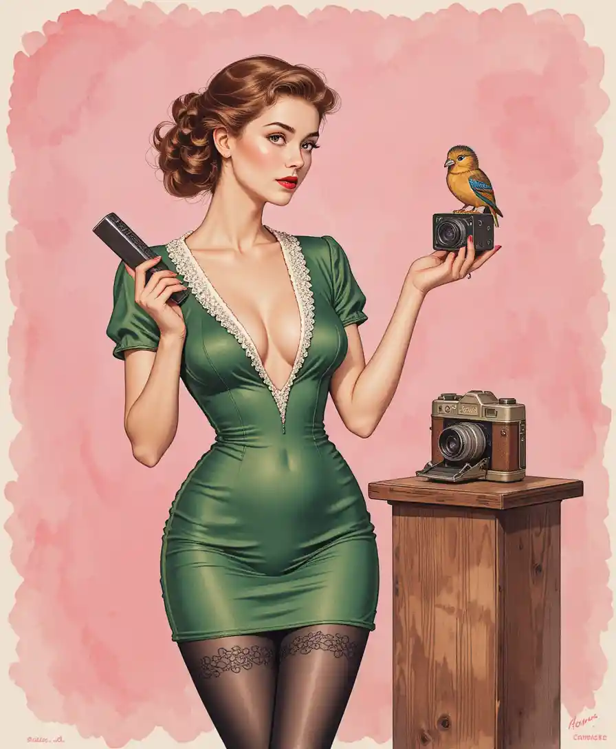 Verspielte Vintage-Pin-up-Frau mit Kamera und Holzvogel