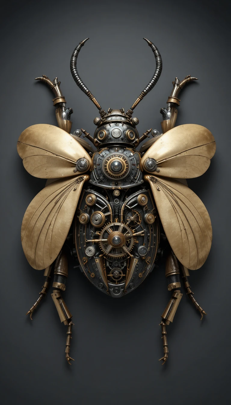 Top down view of a steampunk mechanical beetle sculpture
