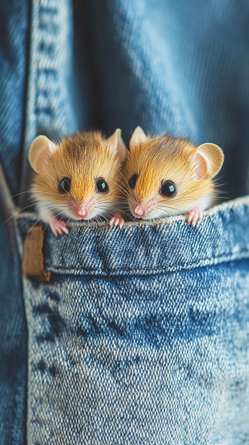 Tiny mice peeking from a blue denim jeans pocket