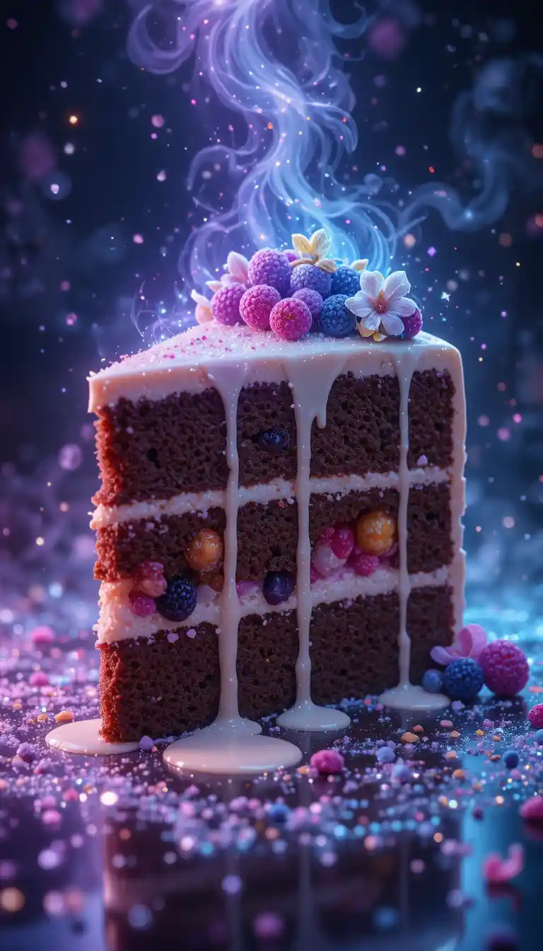 Fantasy slice of chocolate cake with sparkling details