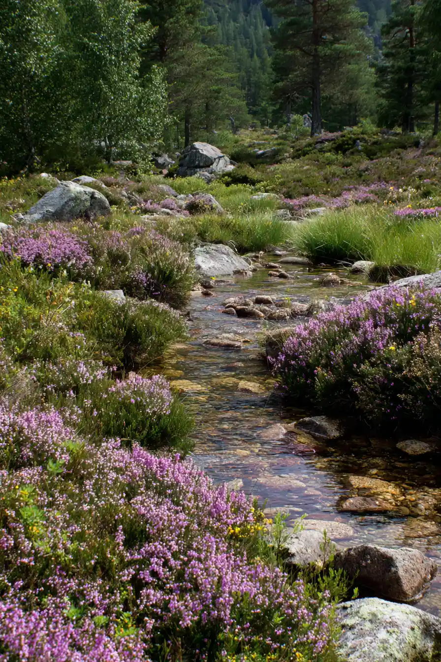Summer mountain wildflowers blooming among the heather