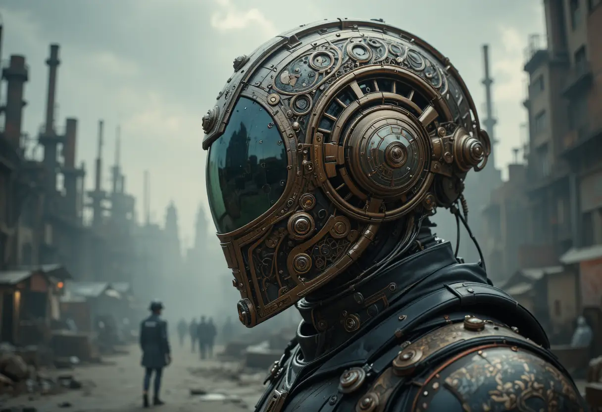 Futuristic Steampunk Helmet In Dystopian Industrial City