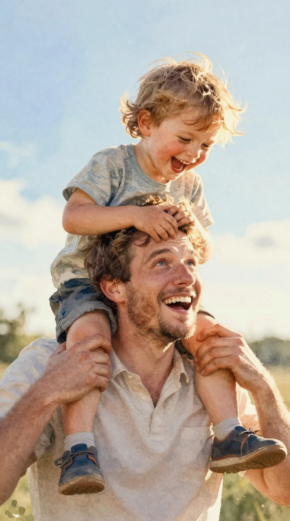 Joyful father and toddler in warm watercolor portrait