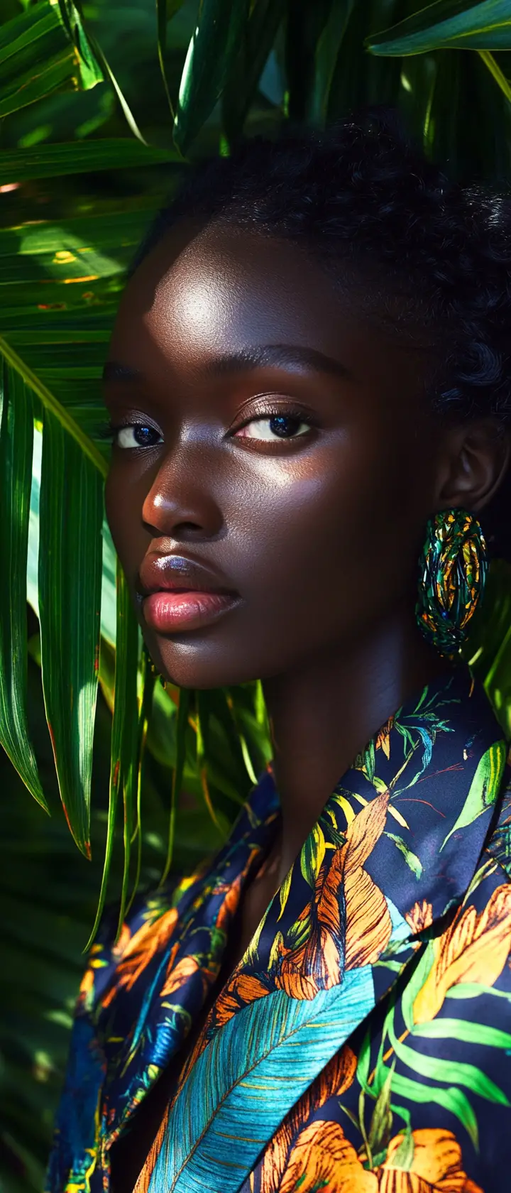 Editoriale di moda vibrante con sfondo grafico di foglie tropicali