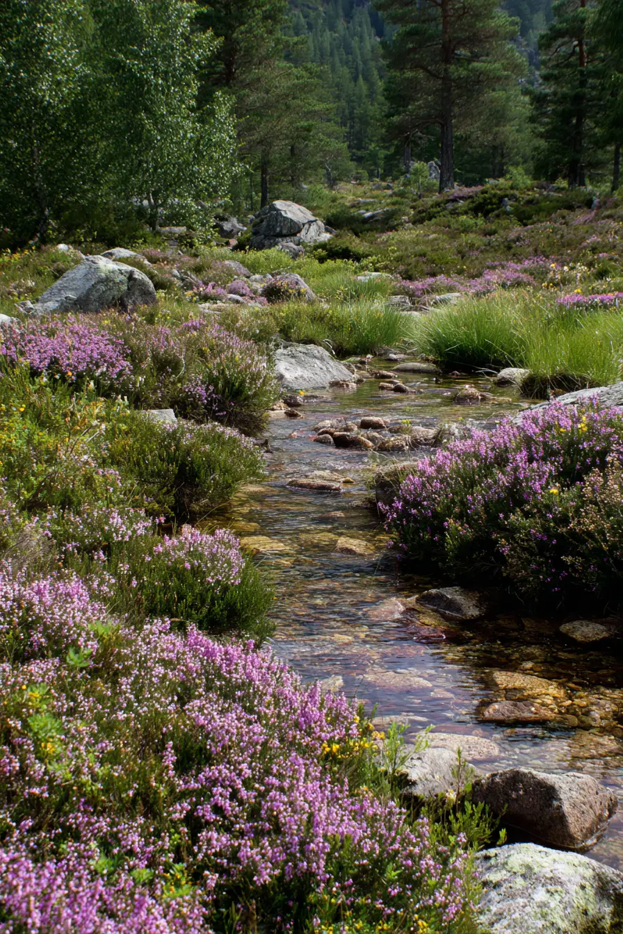 Summer mountain wildflowers blooming among the heather