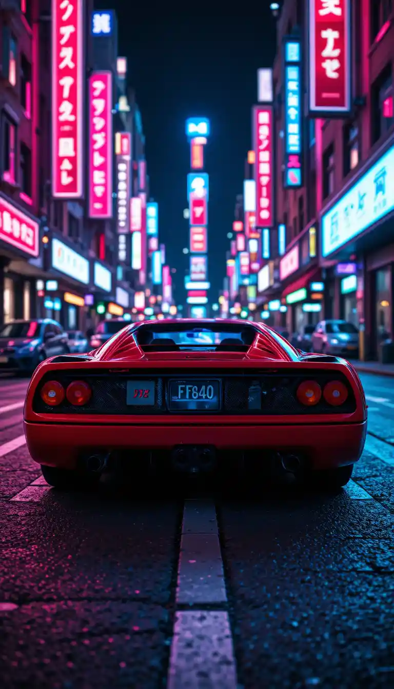 Carro esportivo vermelho em rua neon da cidade à noite