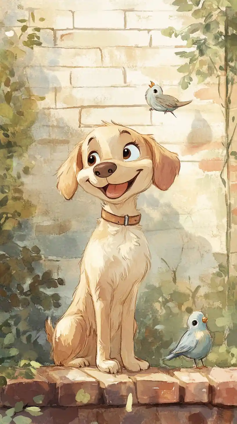 Cute watercolor dog illustration in a cozy garden