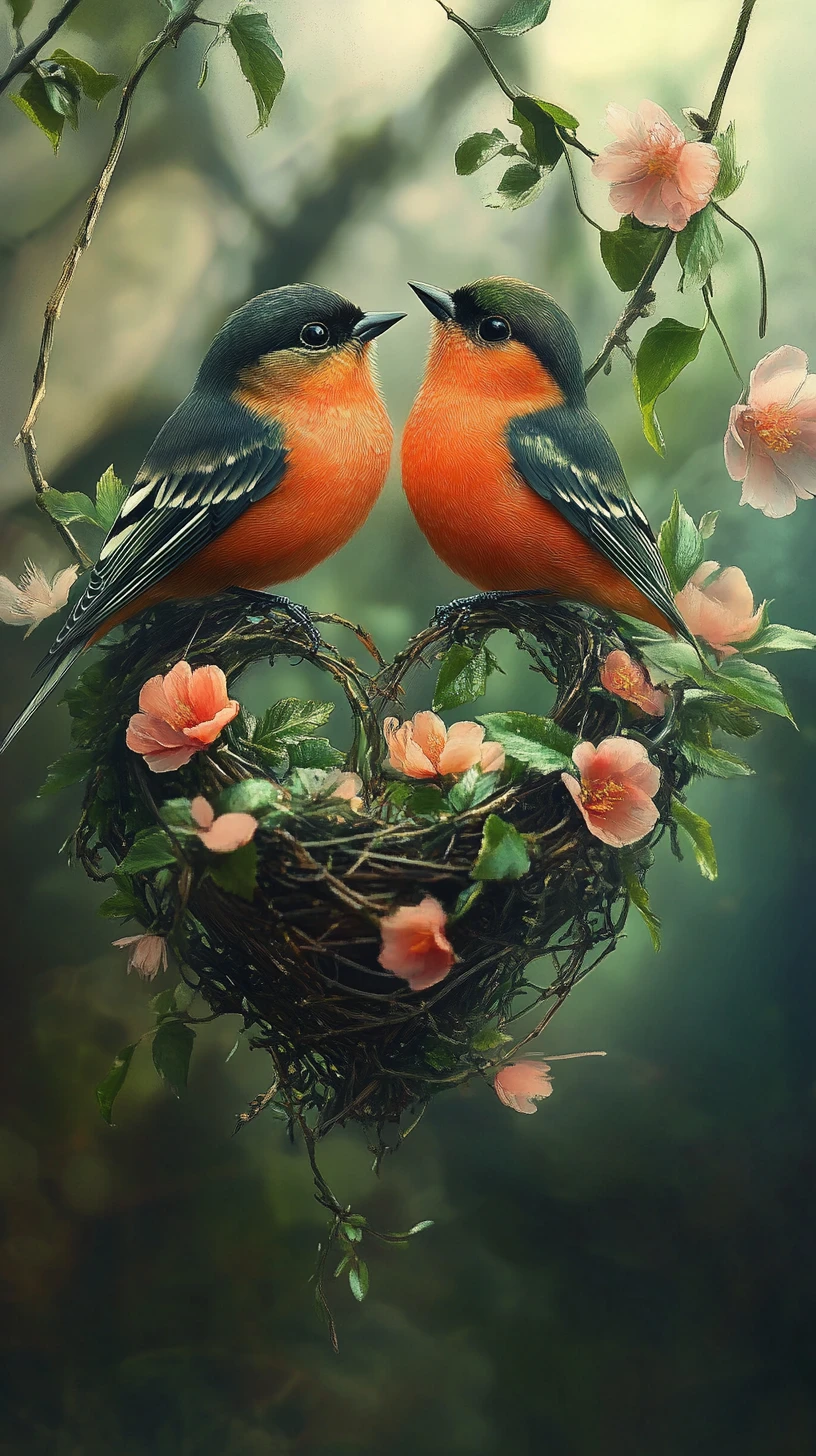 Two bullfinch birds in a heart shaped mistletoe nest