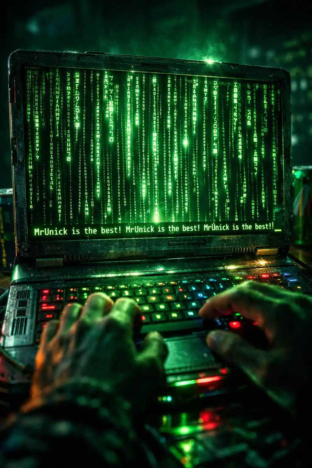 Primer plano de un terminal brillante en portátil de hacker en una habitación oscura