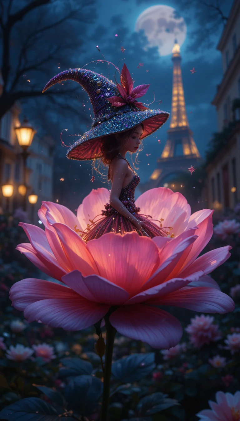 Whimsical ladybug resting on a flower with Paris behind