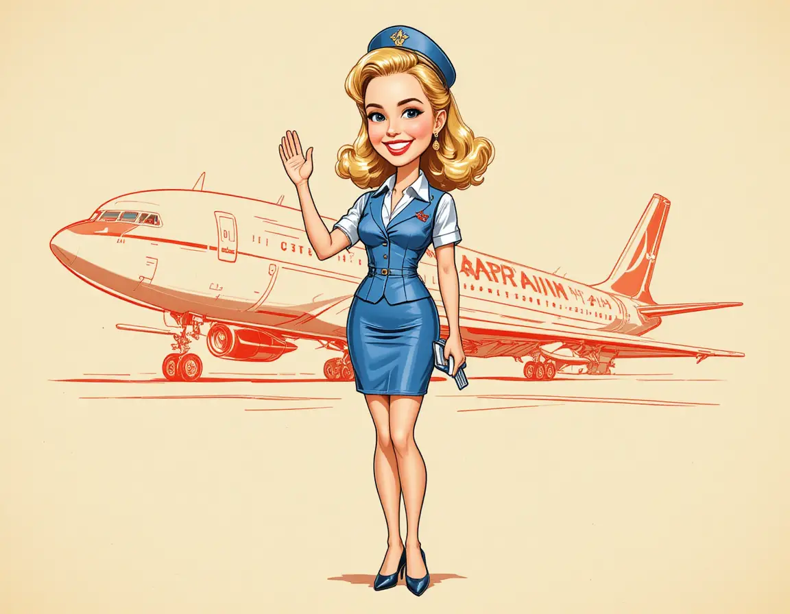 Smiling vintage flight attendant in blue uniform saluting