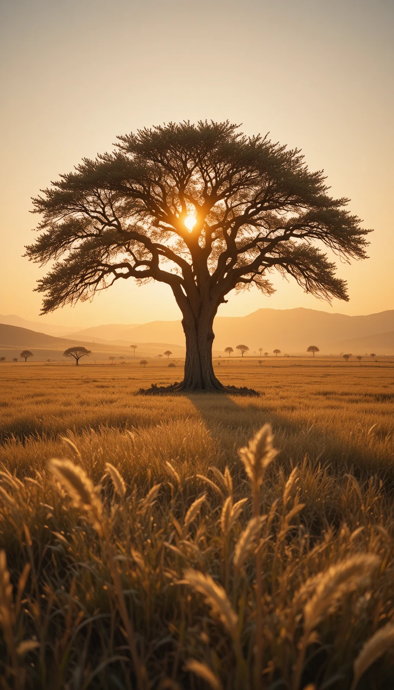 Quercia solitaria nella luce dorata sopra l’immensa savana