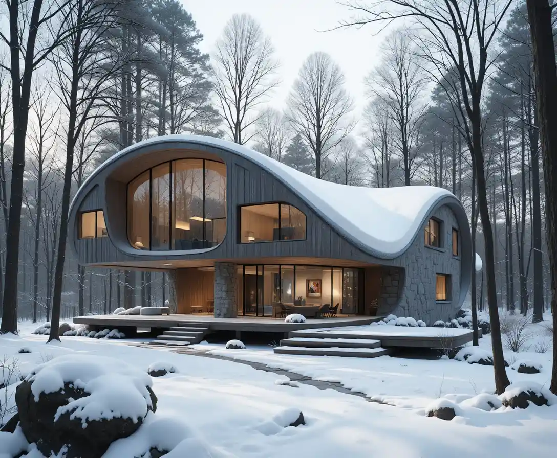 Moderne Steinhütte mit geschwungenen Linien im Winterwald