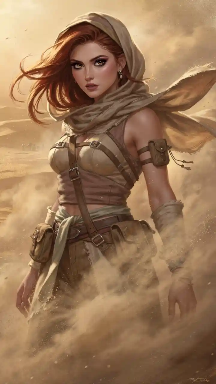 Stern woman in desert storm with flowing scarf and hair