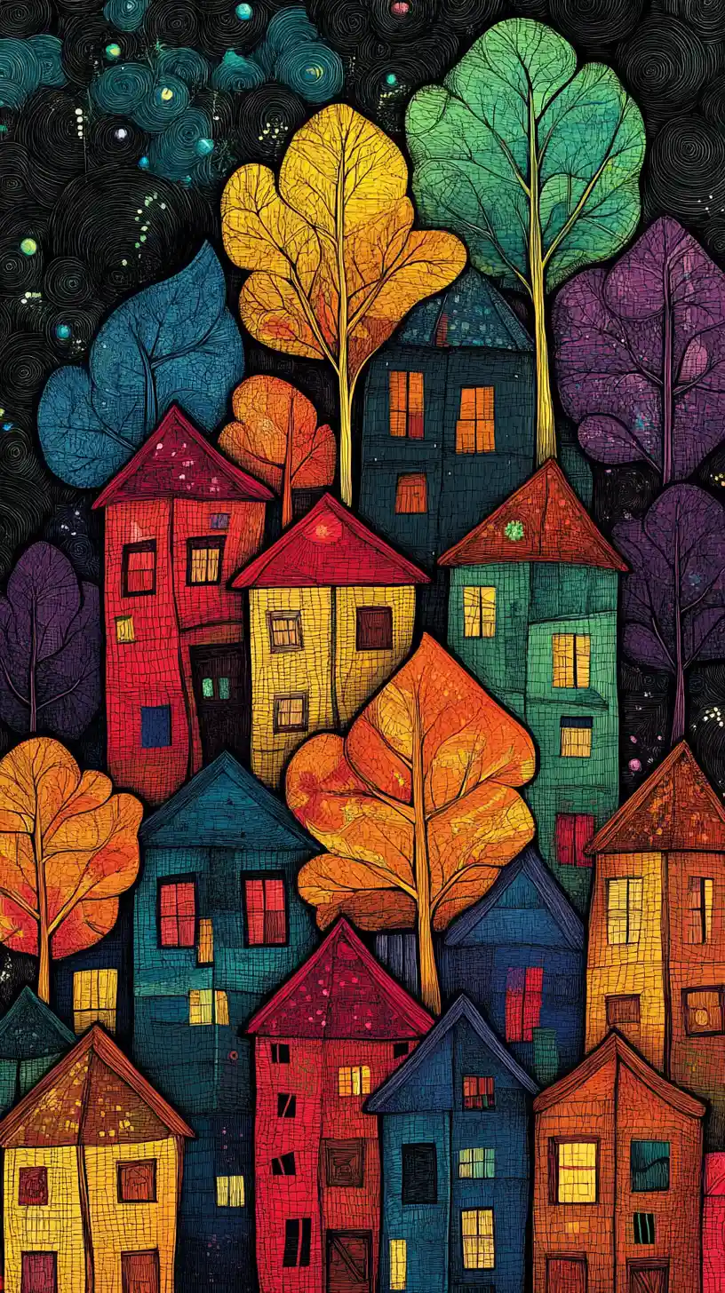 Naive art microworlds inside many colorful tiny leaves