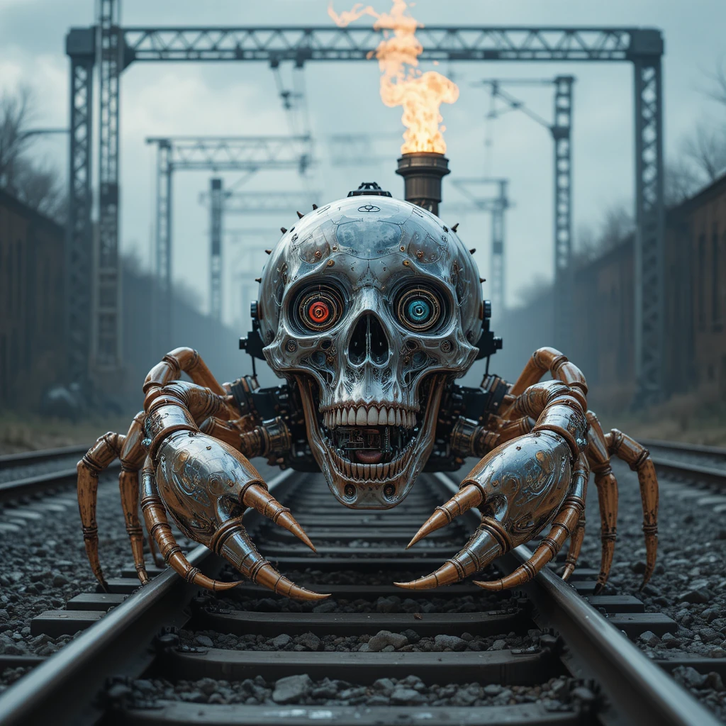 Mechanical skull crab hybrid guarding fiery hellish gate