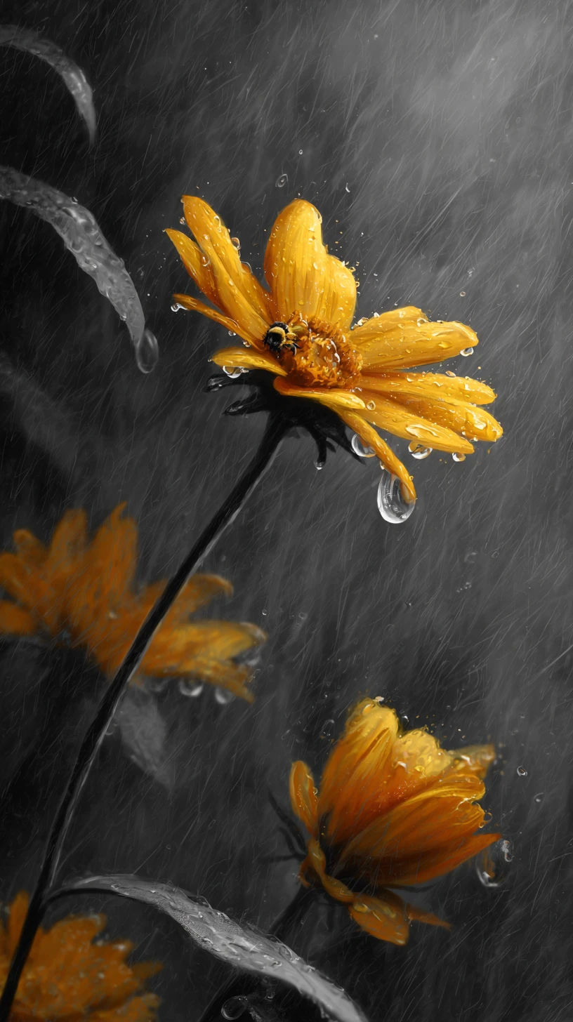 Abejorro en macro sobre pétalo de girasol bajo la lluvia