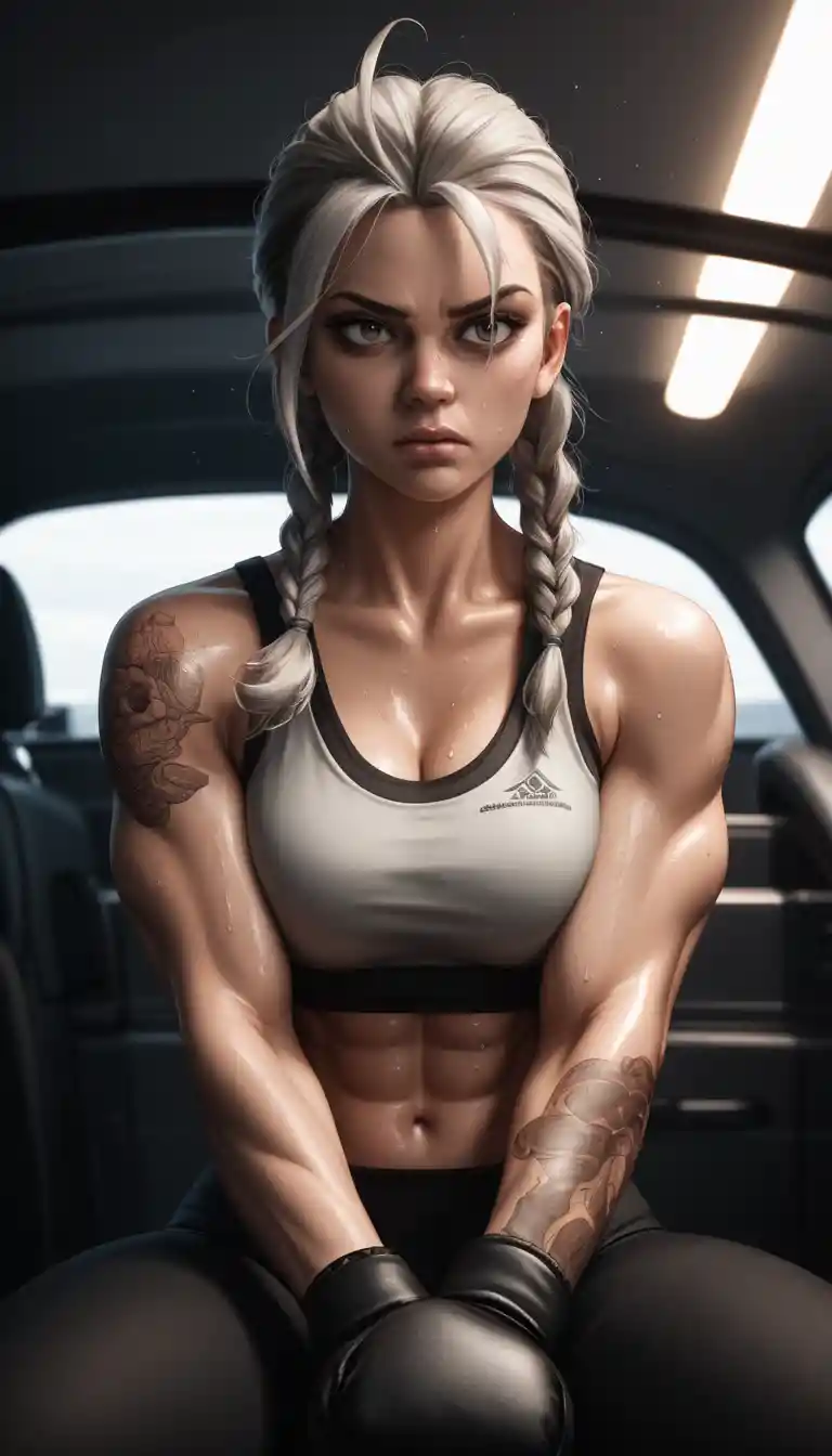 Fierce female fighter punching bag in gritty boxing gym