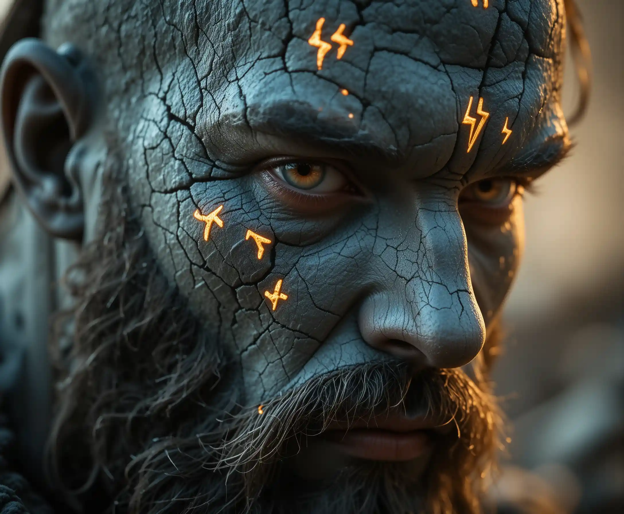 Primer plano cinematográfico de hombre de piel de piedra con runas brillantes