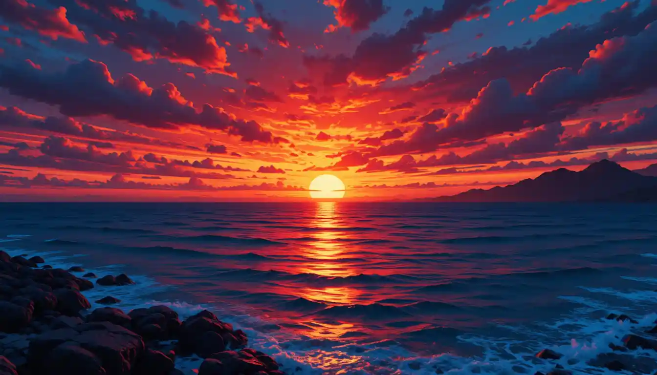 Vivid Hawaiian Sunset Over Dark Blue Coastal Waters