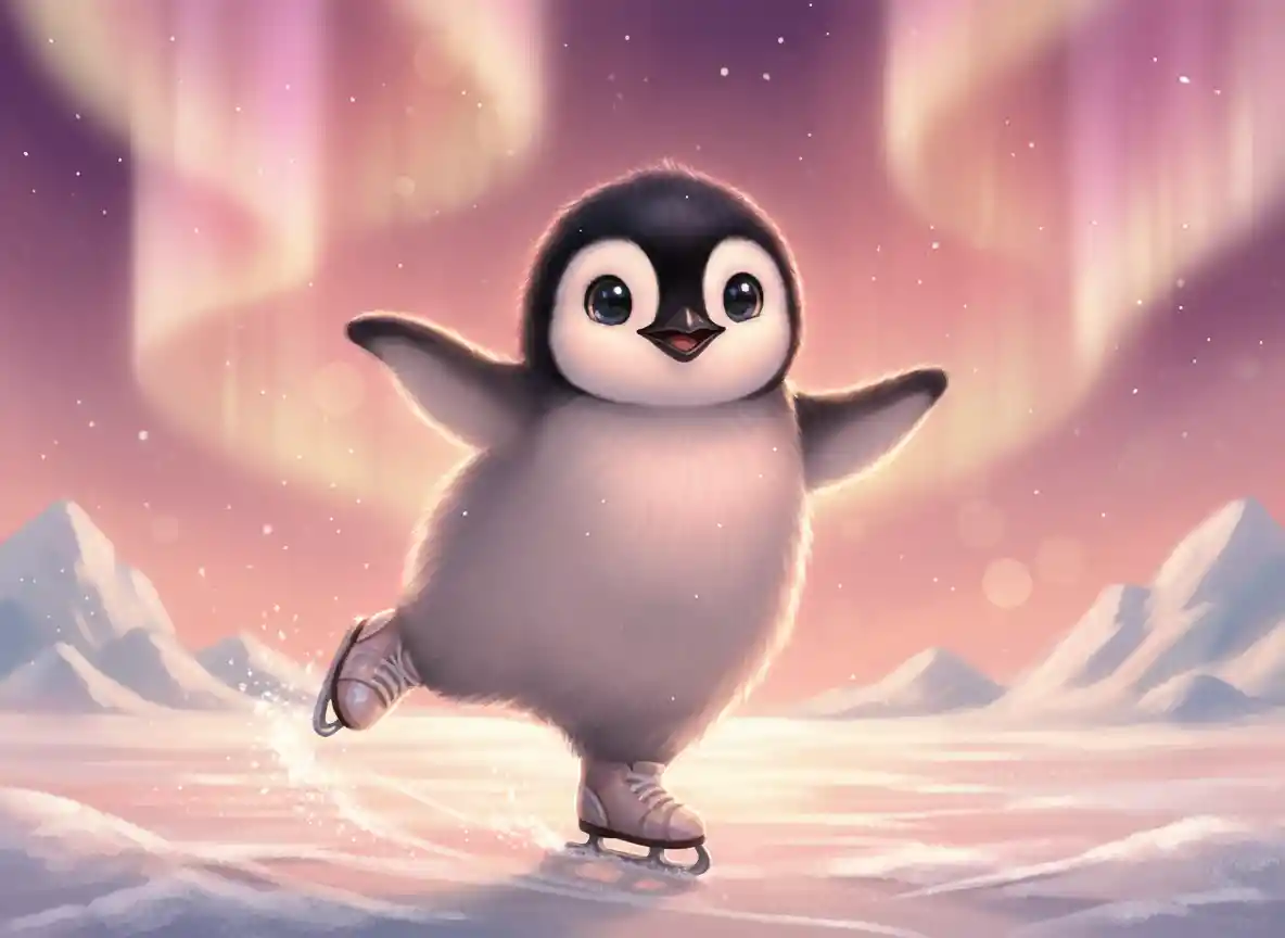 Allegro cucciolo di pinguino che danza su pattini di ghiaccio a forma di conchiglia