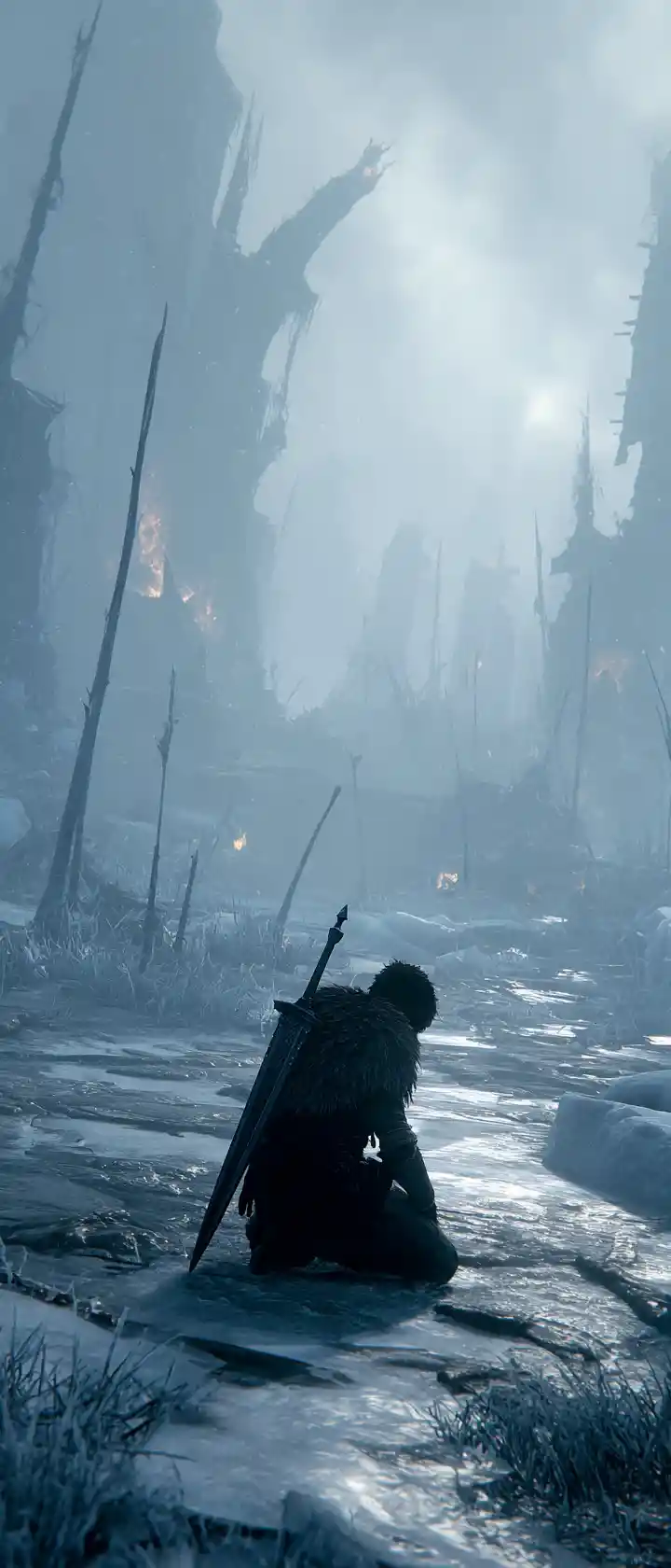 Exhausted Warrior Kneeling Alone In A Foggy Battlefield