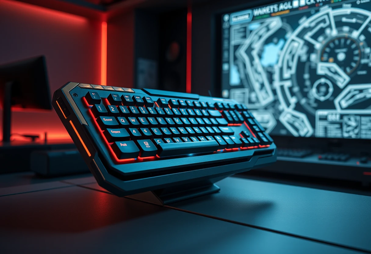 Teclado metálico futurista en una sala de control táctica tenue