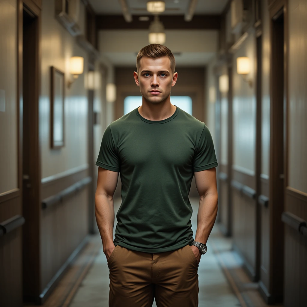 Young muscular man standing in a hallway portrait