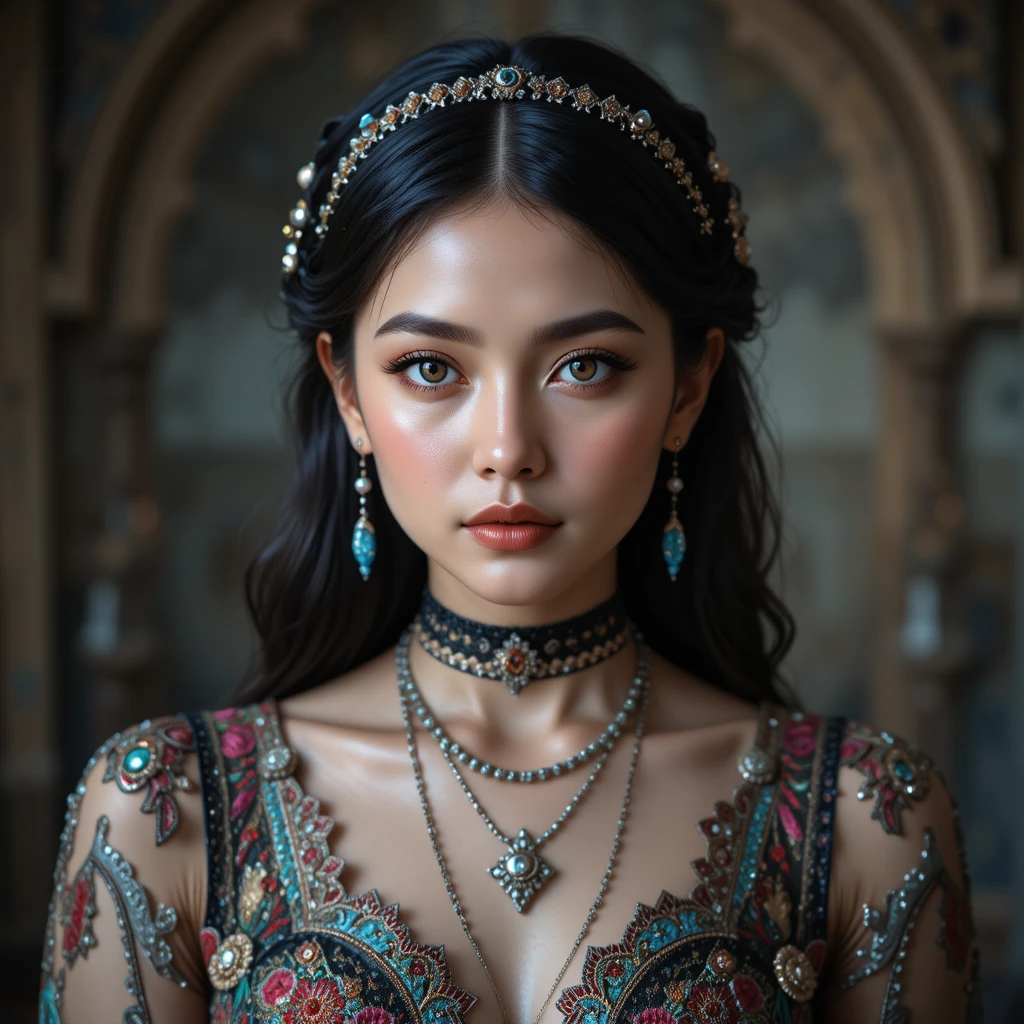 Young woman in ornate dress with contemplative gaze