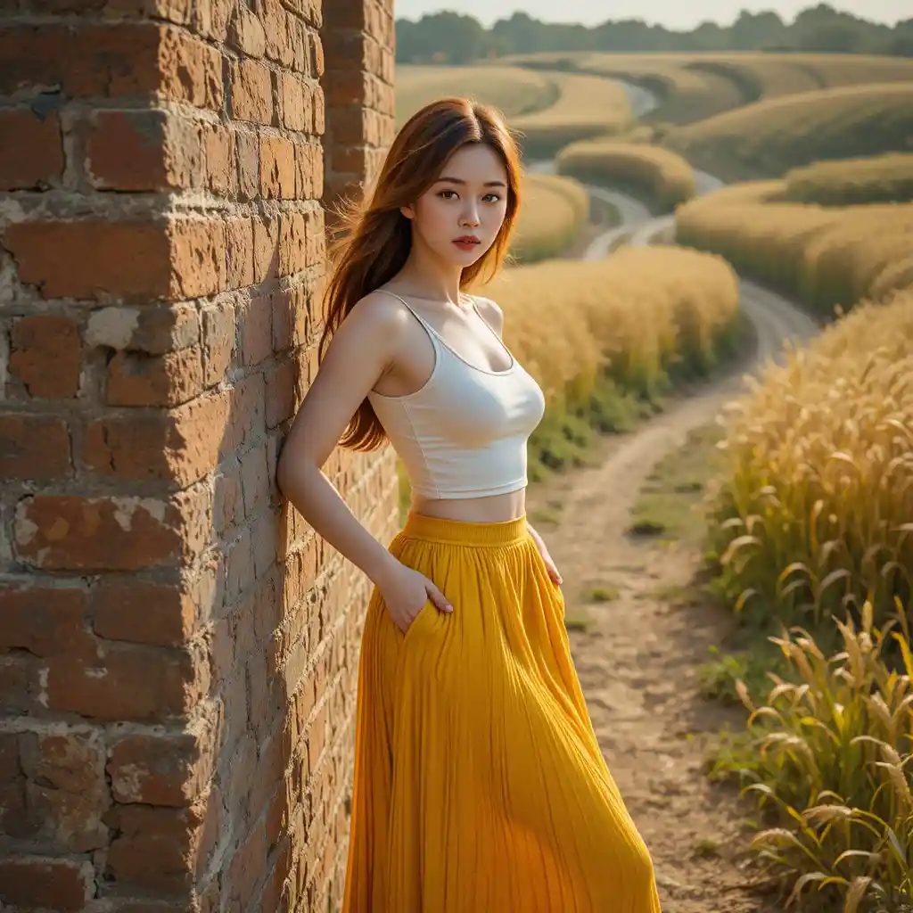 Bored young woman in yellow skirt by brick field wall